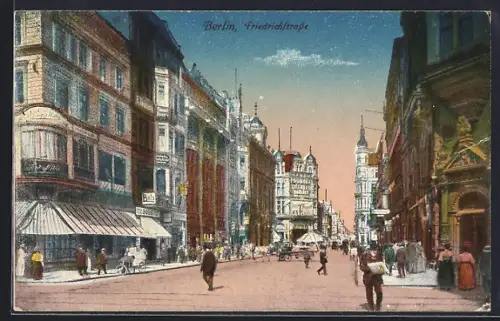 AK Berlin, Friedrichstrasse, Strassenszene mit Geschäften und Passanten