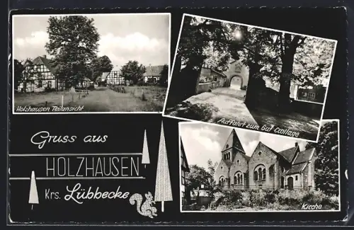 AK Holzhausen /Lübbecke, Teilansicht, Auffahrt zum Gut Crollage, Kirche