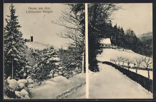 AK Lübbecke, Lübbecker Berge, Verschneite Landschaft, Aussichtsturm, Waldhaus