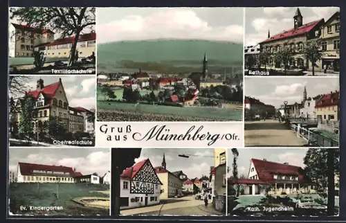 AK Münchberg /Ofr., Rathaus, Textilfachschule, Oberrealschule, Ortsansicht
