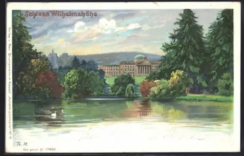 Lithographie Kassel, Blick zum Schloss Wilhelmshöhe, Schwäne