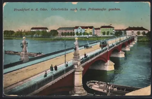 AK Frankfurt a. d. Oder, Oderbrücke nach dem Prinzenufer gesehen, Strassenbahn