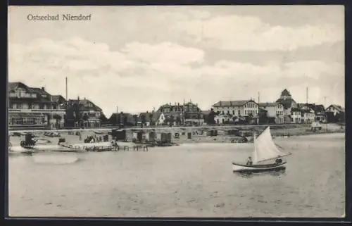 AK Niendorf / Ostseebad, Strand vom Wasser aus mit Segelboot und Strandkarren