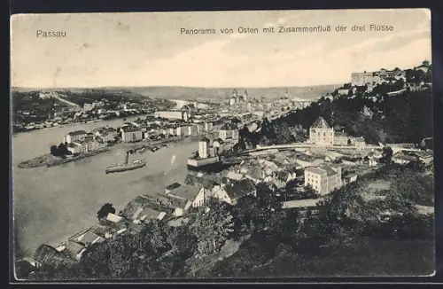 AK Passau, Panorama von Osten mit Zusammenfluss der drei Flüsse