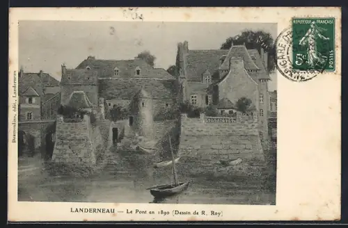 AK Landerneau, Le Pont en 1890, Dessin de R. Roy