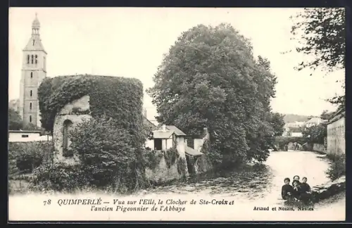 AK Quimperlé, Vue sur l`Ellé, le Clocher de Ste-Croix et l`ancien Pigeonnier de l`Abbaye