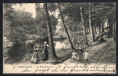 AK Pont-Aven, Le Bois d`Amour avec des enfants au bord de l`eau