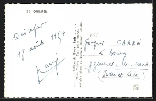 AK Quimper, Vue du bâtiment au bord de l`eau avec bateau et voitures