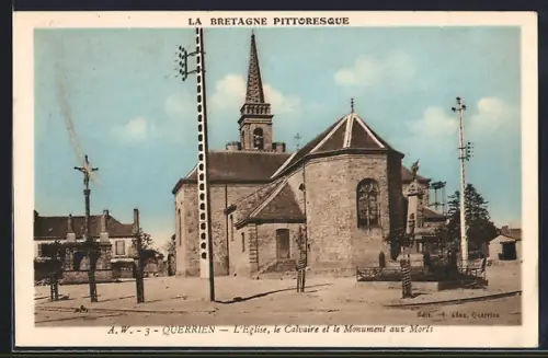 AK Querrien, L`église, le Calvaire et le Monument aux Morts