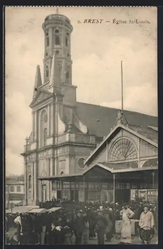 AK Brest, Église St-Louis avec foule devant l`entrée