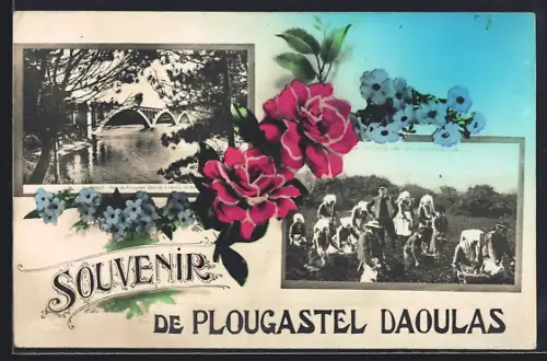 AK Plougastel Daoulas, Souvenir avec vue d`un pont et récolte de pommes de terre
