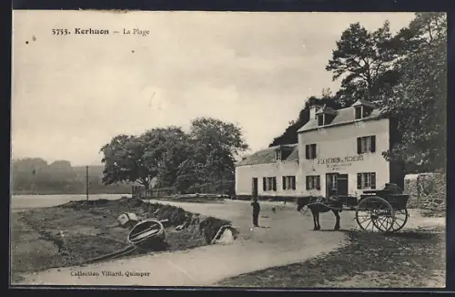AK Kerhuon, La Plage avec une charrette devant l`auberge des pêcheurs