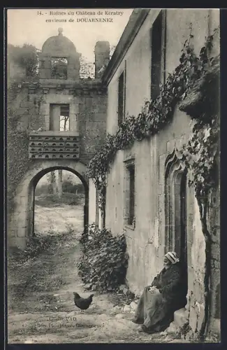 AK Douarnenez, Ruines du Château de Kératry avec une femme assise près de l`entrée