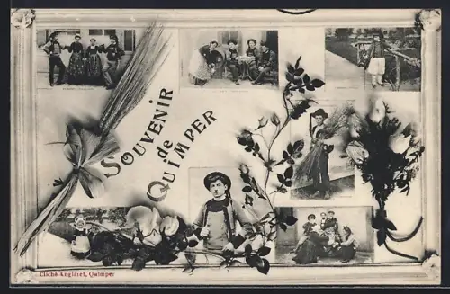 AK Quimper, Souvenir de Quimper avec scènes traditionnelles et fleurs décoratives