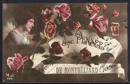 AK Montbèliard, Une pensée avec roses et portrait de femme