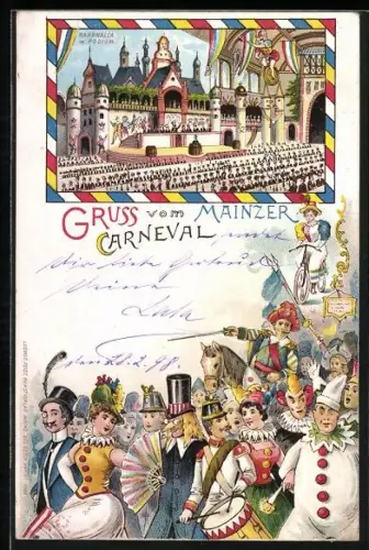 Lithographie Mainz, Narrhalla mit Podium auf dem Mainzer Carneval