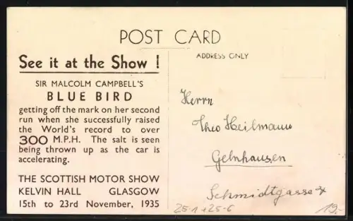 AK Glasgow, The Scottish Motor Show 1935, Sir Malcom Campbell`s Blue Bird