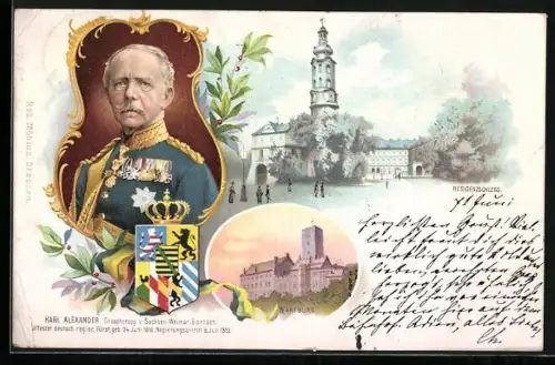 Lithographie Karl Alexander Grossherzog von Sachsen-Weimar-Eisenach, Wartburt und Residenzschloss