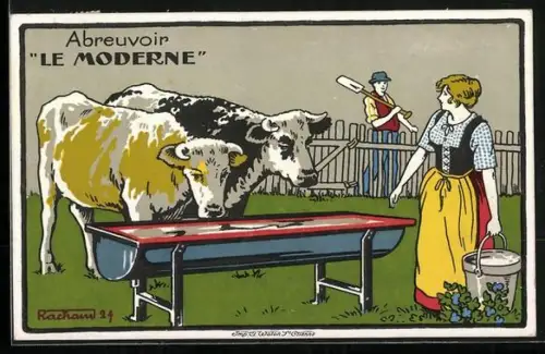 Künstler-AK Abreuvoir Le Moderne, Kühe an der Tränke, Reklame