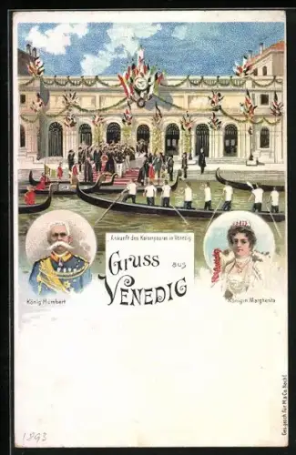 Lithographie Venedig, Ankunft des Kaiserpaares, König Humbert u. Königin Margherita von Italien