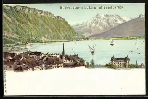 Lithographie Künzli Nr. 5019: Montreux sur le Lac Léman et la Dent du Midi, Berg mit Gesicht / Berggesichter
