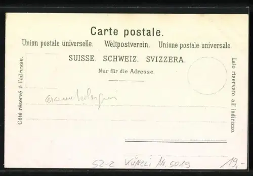 Lithographie Künzli Nr. 5019: Montreux sur le Lac Léman et la Dent du Midi, Berg mit Gesicht / Berggesichter