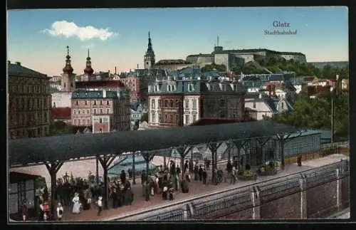 AK Glatz, Ortsansicht mit Stadtbahnhof
