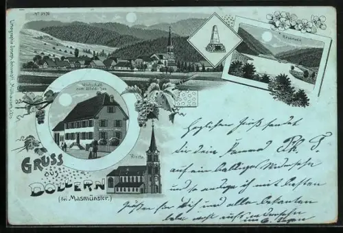 Mondschein-Lithographie Dollern bei Masmünster, Gasthaus zum Alfeld-See, Reservoir, Kirche