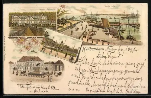 Lithographie Kjöbenhavn, Skodsborg Badeanstalt, Lange Linie, Baseren i. Tivoli, Amalienborg