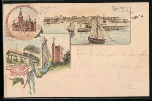 Lithographie Helsingborg, Helsning, Viadukten, Radhuset, Karnan, Inlopper