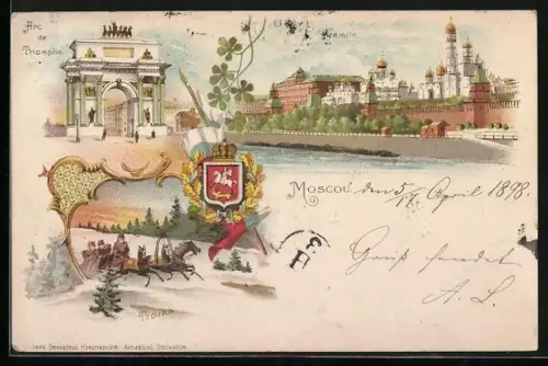 Lithographie Moscou, Kremlin, Arc de Triomphe, Troika