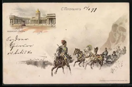 Lithographie St. Petersburg, Cathedrale, Pferdeschlitten