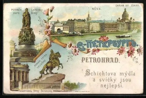 Lithographie St. Petersburg, Denkmal Peter der Grosse, Blick auf die Newa, Karennina-Denkmal