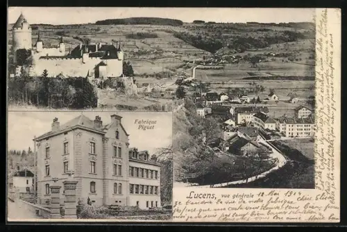 AK Lucens, vue générale avec le Château, Fabrique Piguet