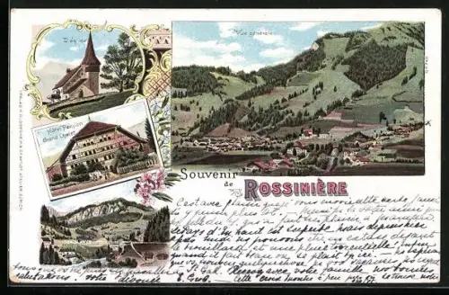 Lithographie Rossinière, Hotel Pension Grand Chalet, L`église, Vue générale