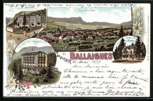 Lithographie Ballaigues, Châlet des Sapins, Hotel Aubépine, Vue générale