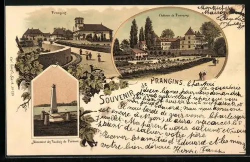 Lithographie Prangins, Teilansicht, Chateau de Prangins, Monument des Vaudois du Piemont
