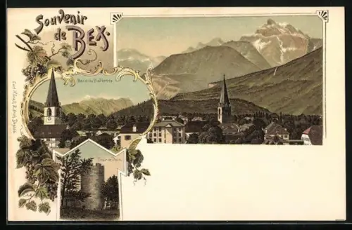 Lithographie Bex, Panorama et les Diablerets, Tour de Duin