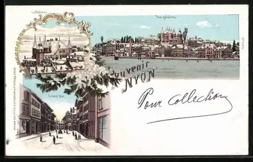 Winter-Lithographie Nyon, Vue generale, Le Chateau, Grand Rue