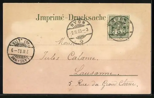 Winter-Lithographie Nyon, Vue generale, Le Chateau, Grand Rue