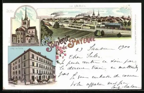 Lithographie Payerne, Hotel de l`ours, Église Abbetlaie, Vue générale