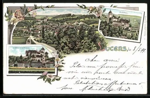 Lithographie Lucens, Le château et les fabriques, Panorama
