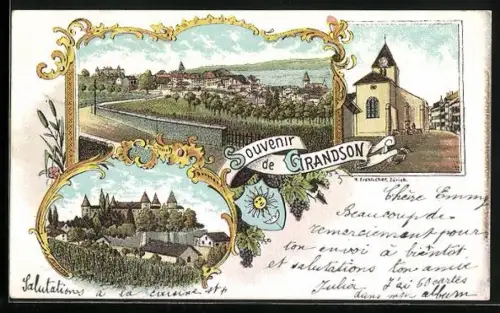 Lithographie Grandson, Strasse mit Kirche, Burg, Ortsansicht