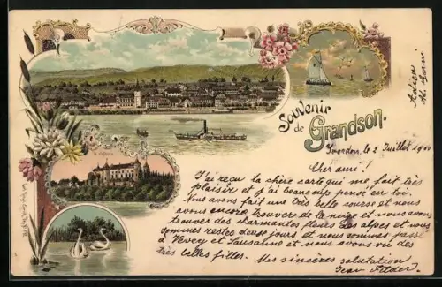 Lithographie Grandson, Le Chateau, Vue generale, Dampfer