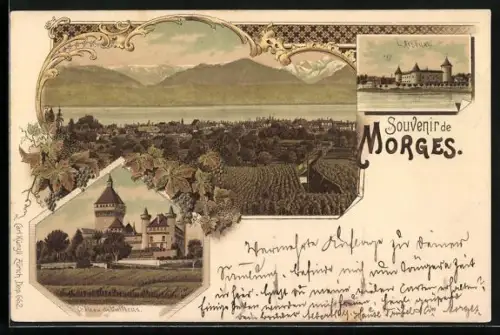 Lithographie Morges, L`Arsénal, Château de Vufflens, Gesamtansicht mit Umgebung