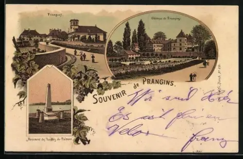 Lithographie Prangins, Château, Monument des Vaudois