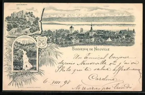 Lithographie La Neuveville, Schlossberg, La Cascade, Vue générale