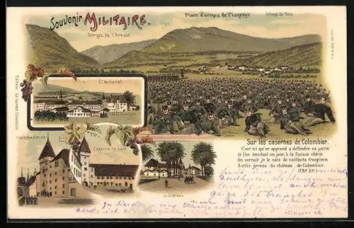 Lithographie Colombier /NE, Les Casernes de Colombier, L`Arsenal