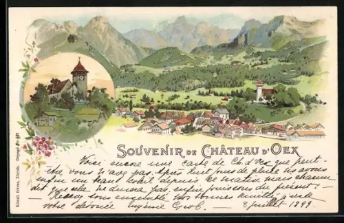 Lithographie Château d`Oex, Vue générale, L`église