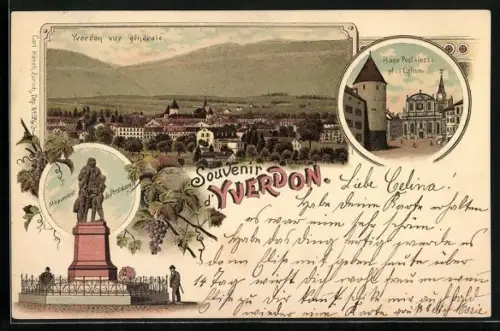 Lithographie Yverdon, Place Pestalozzi et l`église, Monument de Pestalozzi, Vue générale